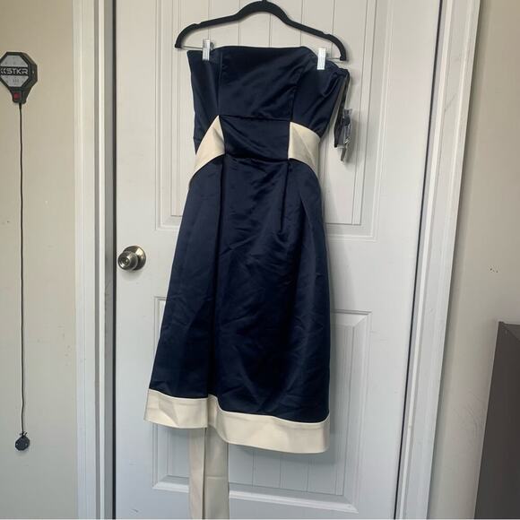 Alfred Sung satin color block retro tea length contrast trim bridesmaid dress 8 - Picture 3 of 8